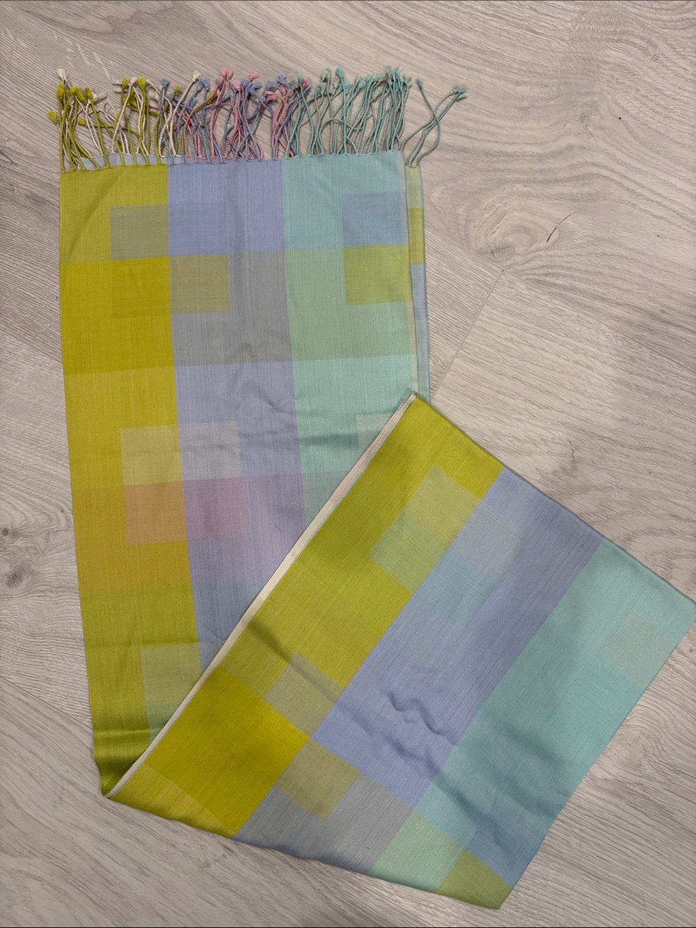 Silk Pastel Block-Print Fringed Scarf in Lime, Mint, Aqua and Lavender